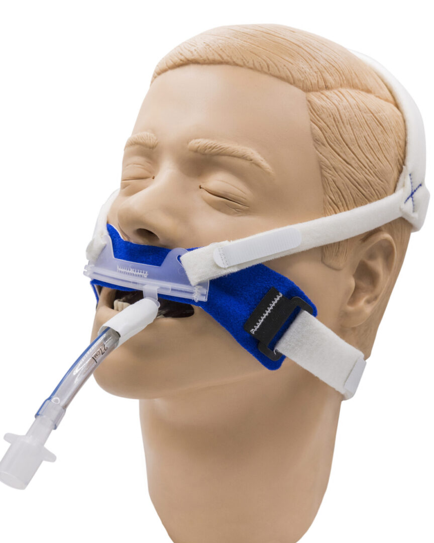 Non adhesive repositionable ET tube holder on mannequin front view